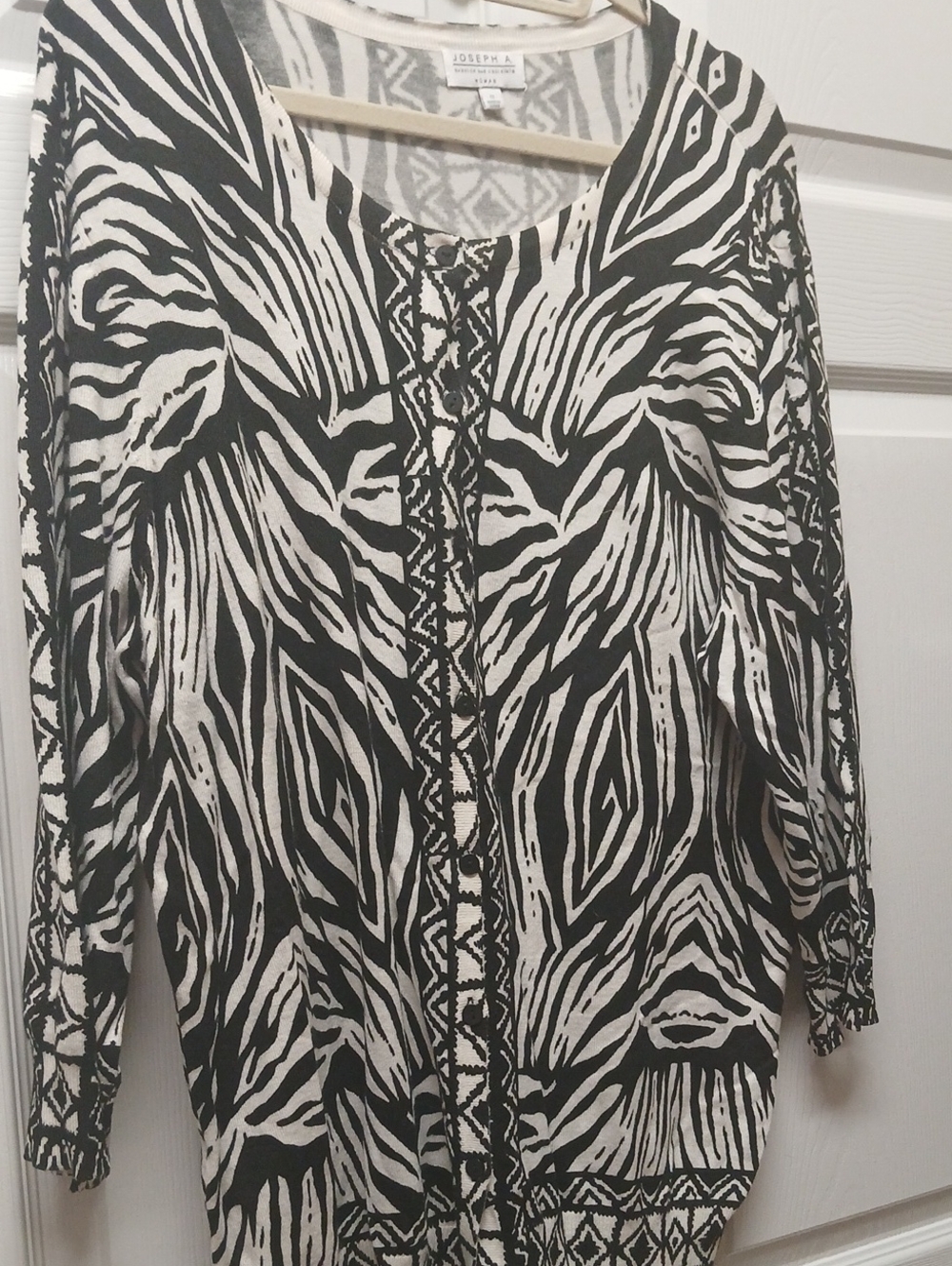 Joseph Black and White Zebra-Print Scoop Neck Cardigan Lightweight Sweater